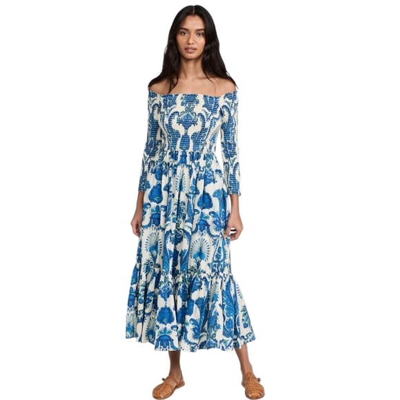 Cara Cara Blue Midi Dress Skylar Smocked Off The Shoulder Dress Floral XS - Picture 1 of 12